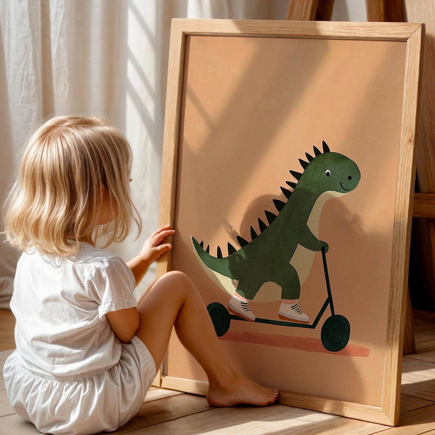 Scooter Süren Dinozor Temalı Krem Fonlu Çocuk Odası Ahşap Tablo II
