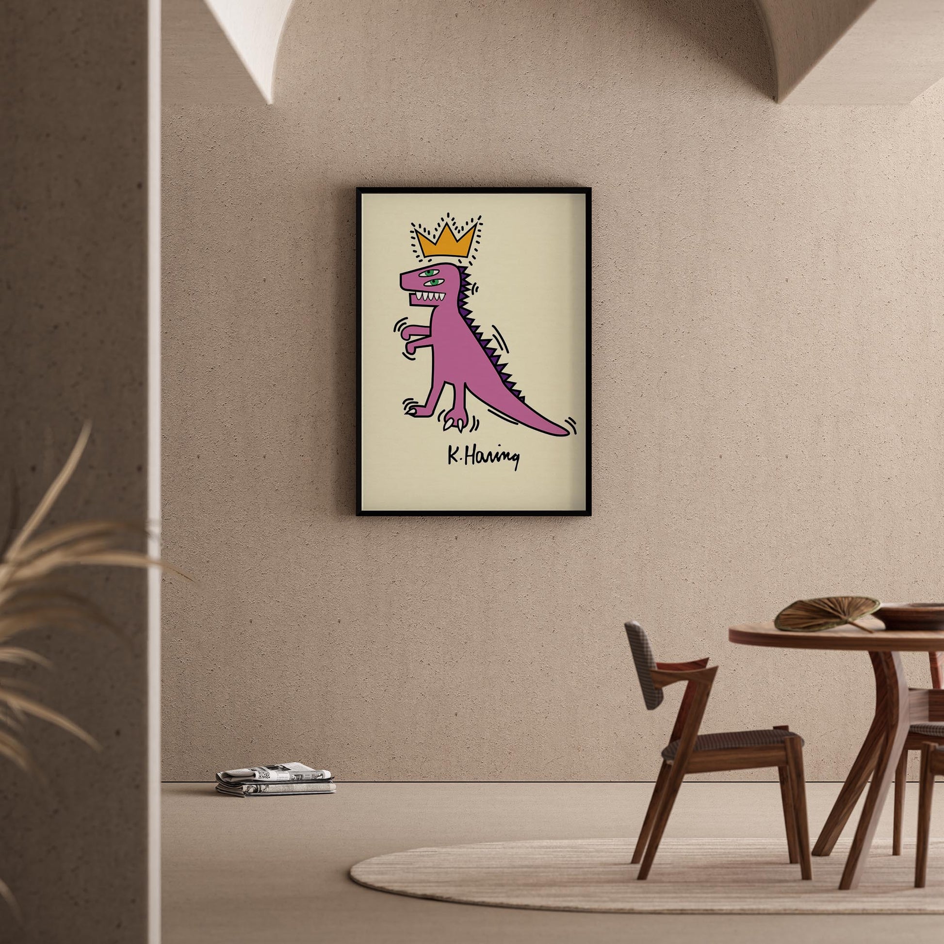 Taçlı Dinozor - Keith Haring Ahşap Duvar Tablosu