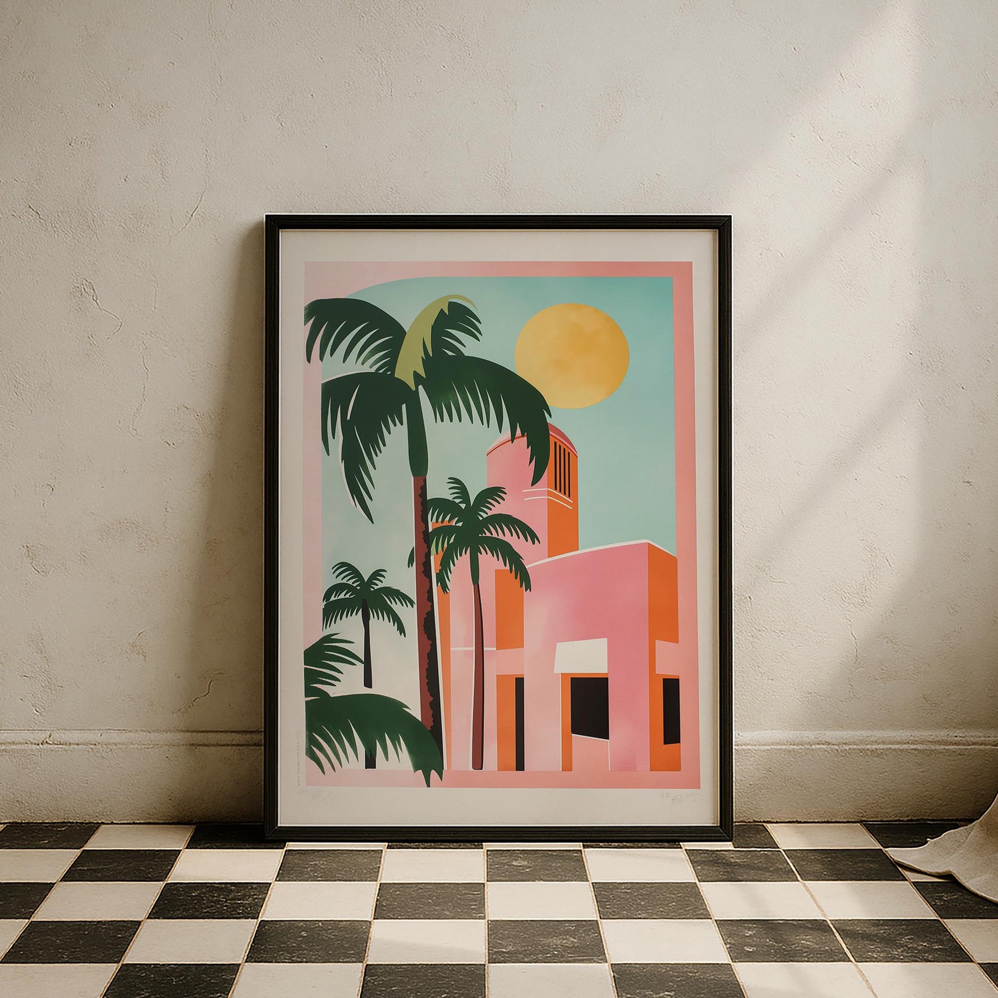 Pembe Villa ve Palmiyeler Maximalist - Duvar Tablosu