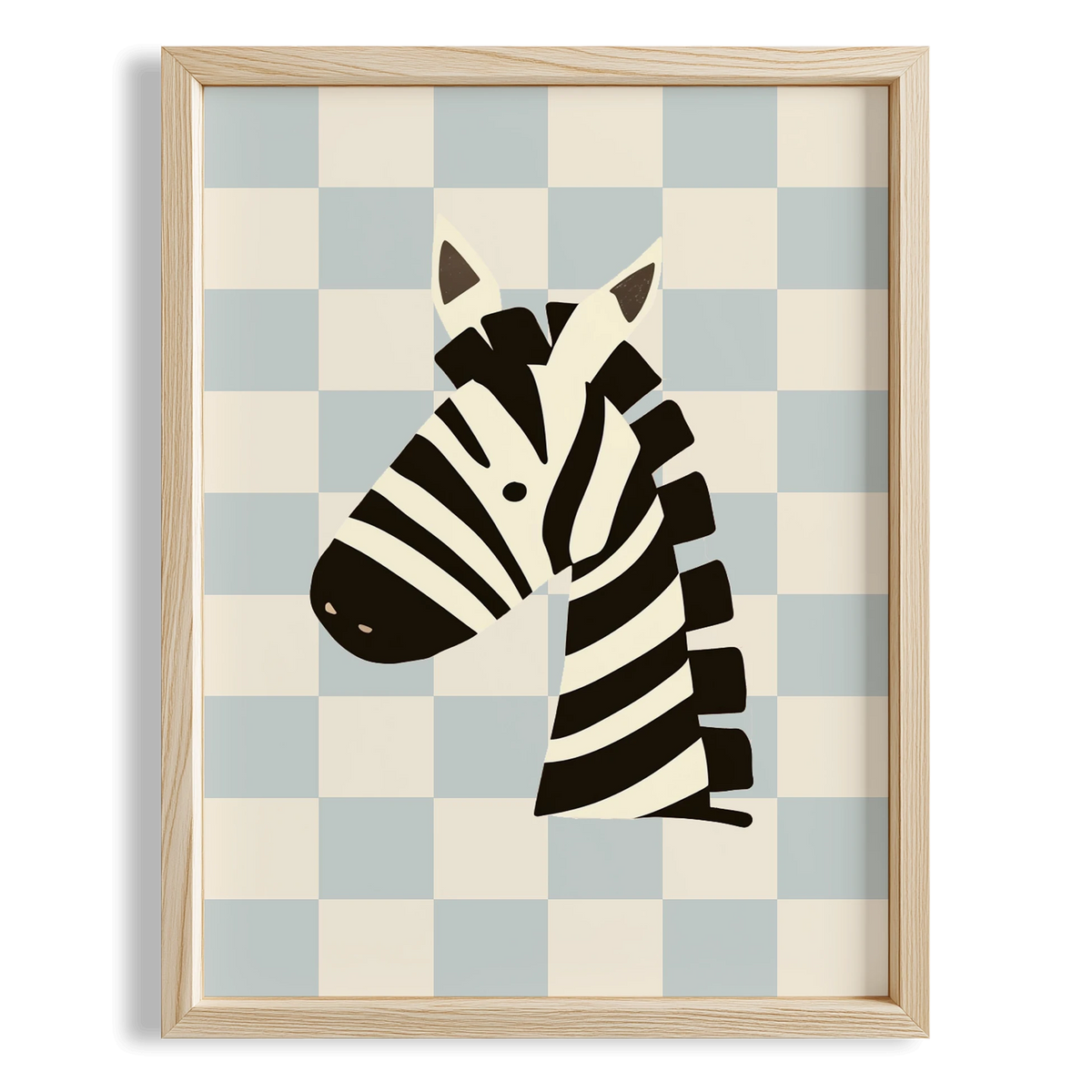Zebra Sevimli Safari Hayvanları Açık Mavi Kareli Fonlu Çocuk Odası Ahşap Tablo