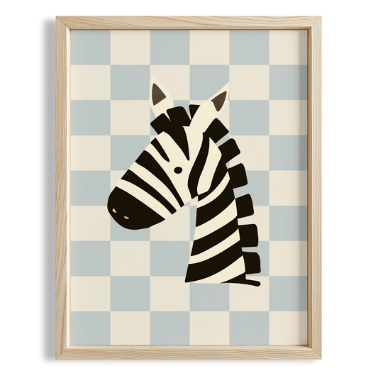 Zebra Sevimli Safari Hayvanları Açık Mavi Kareli Fonlu Çocuk Odası Ahşap Tablo