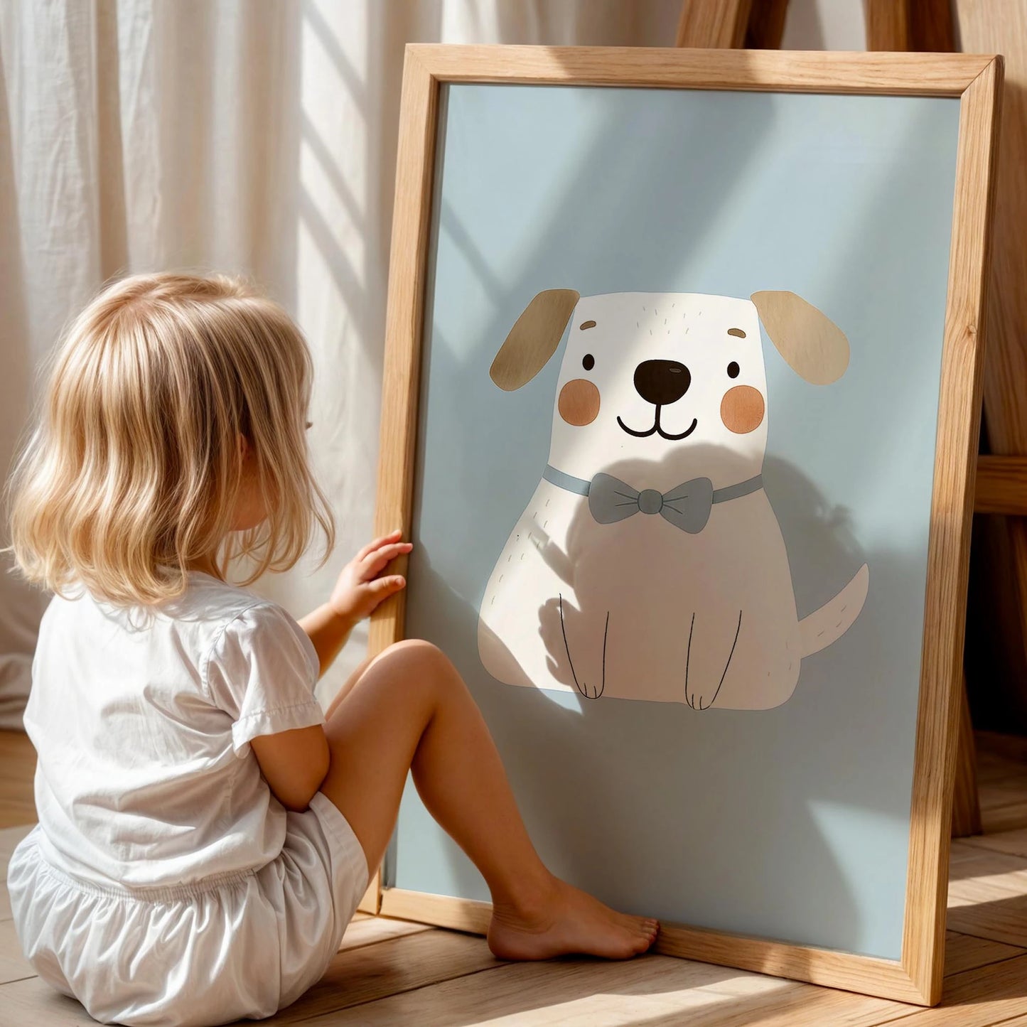 Sevimli Papyonlu Köpek Mavi Fonlu Erkek Çocuk Odası Ahşap Tablo