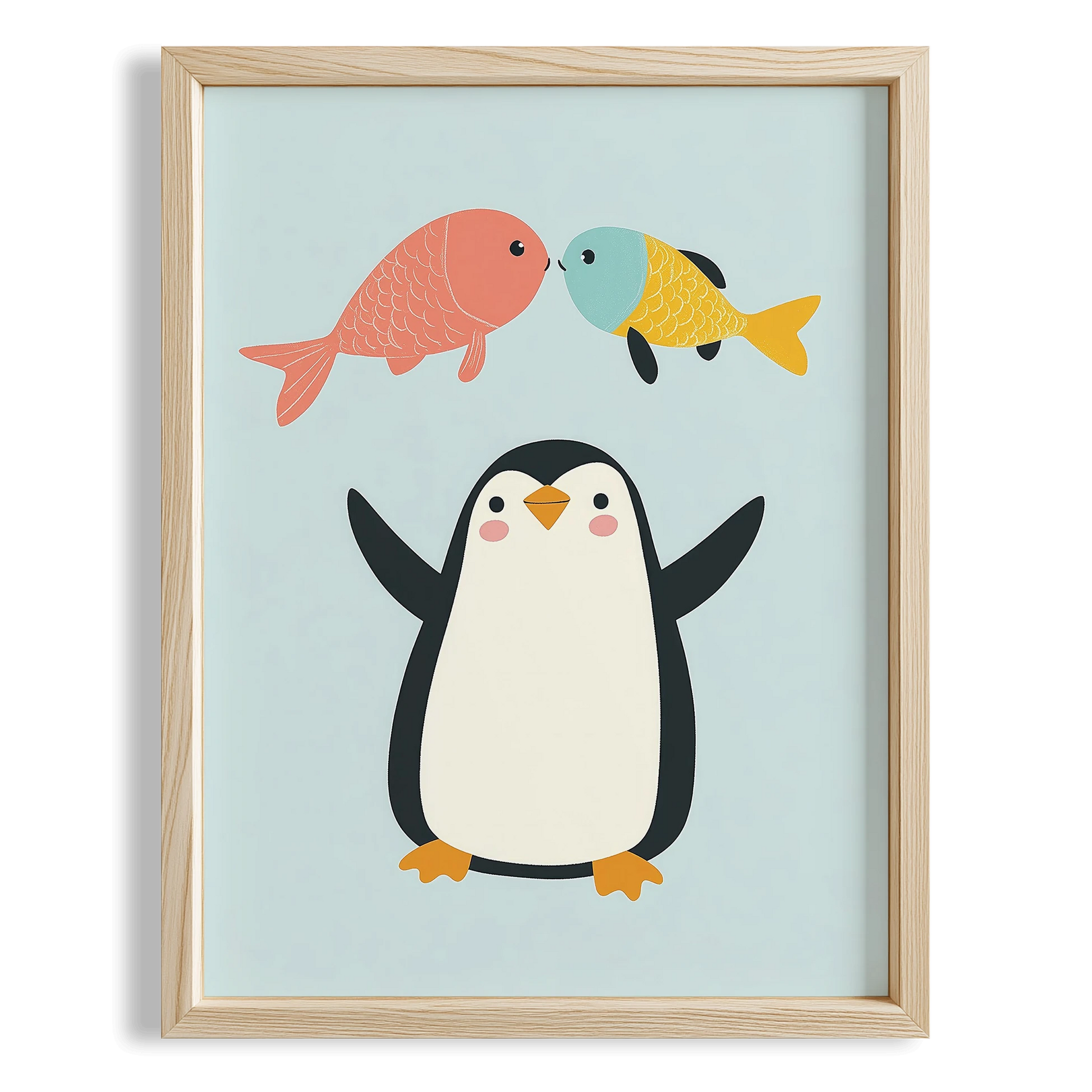 Balıklar ve Penguen - Mavi Fon