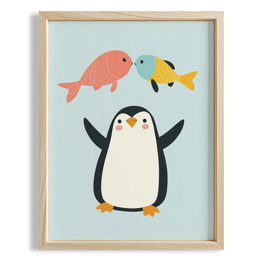 Balıklar ve Penguen - Mavi Fon