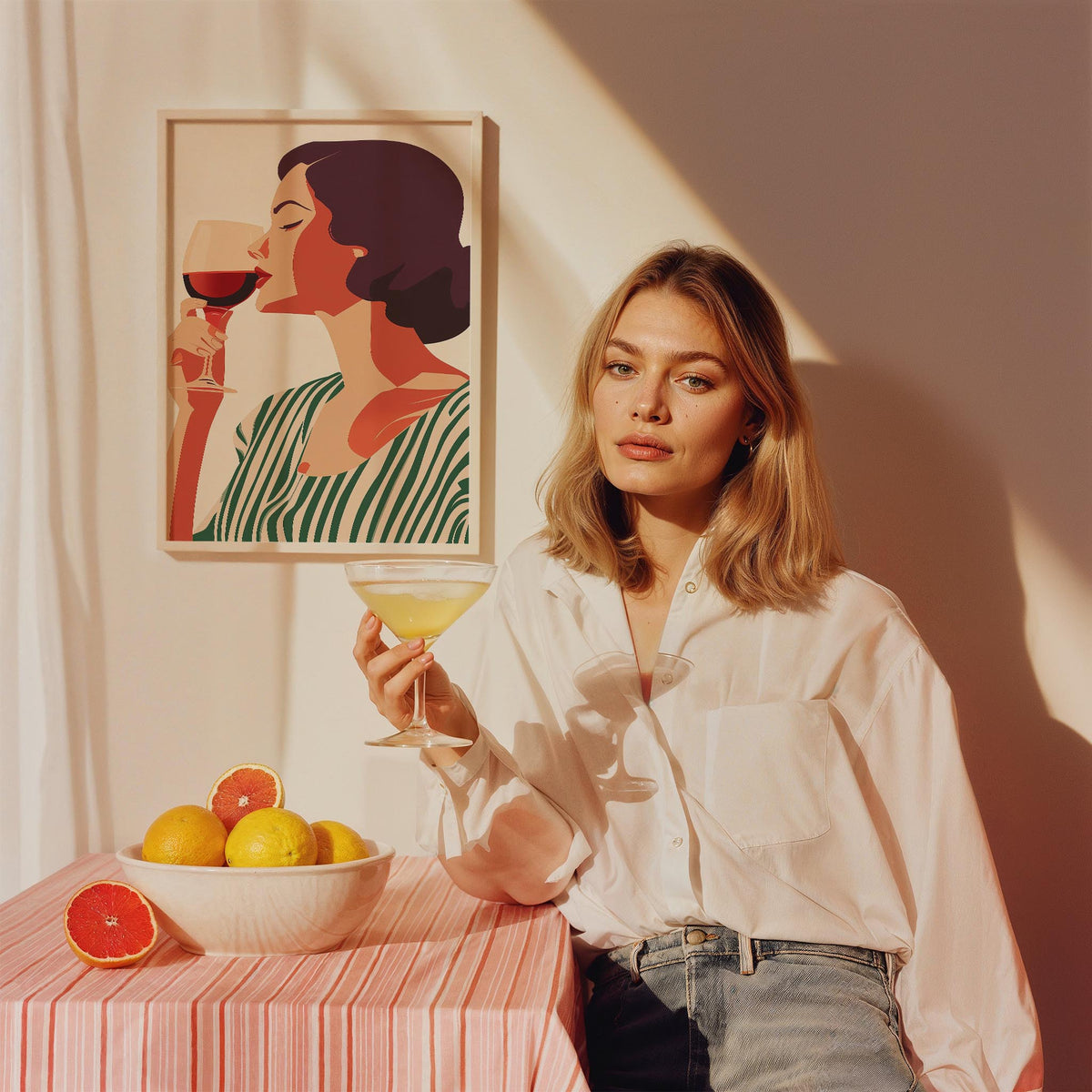 Şarap İçen Kadın Retro Maximalist Mutfak Duvar Tablosu
