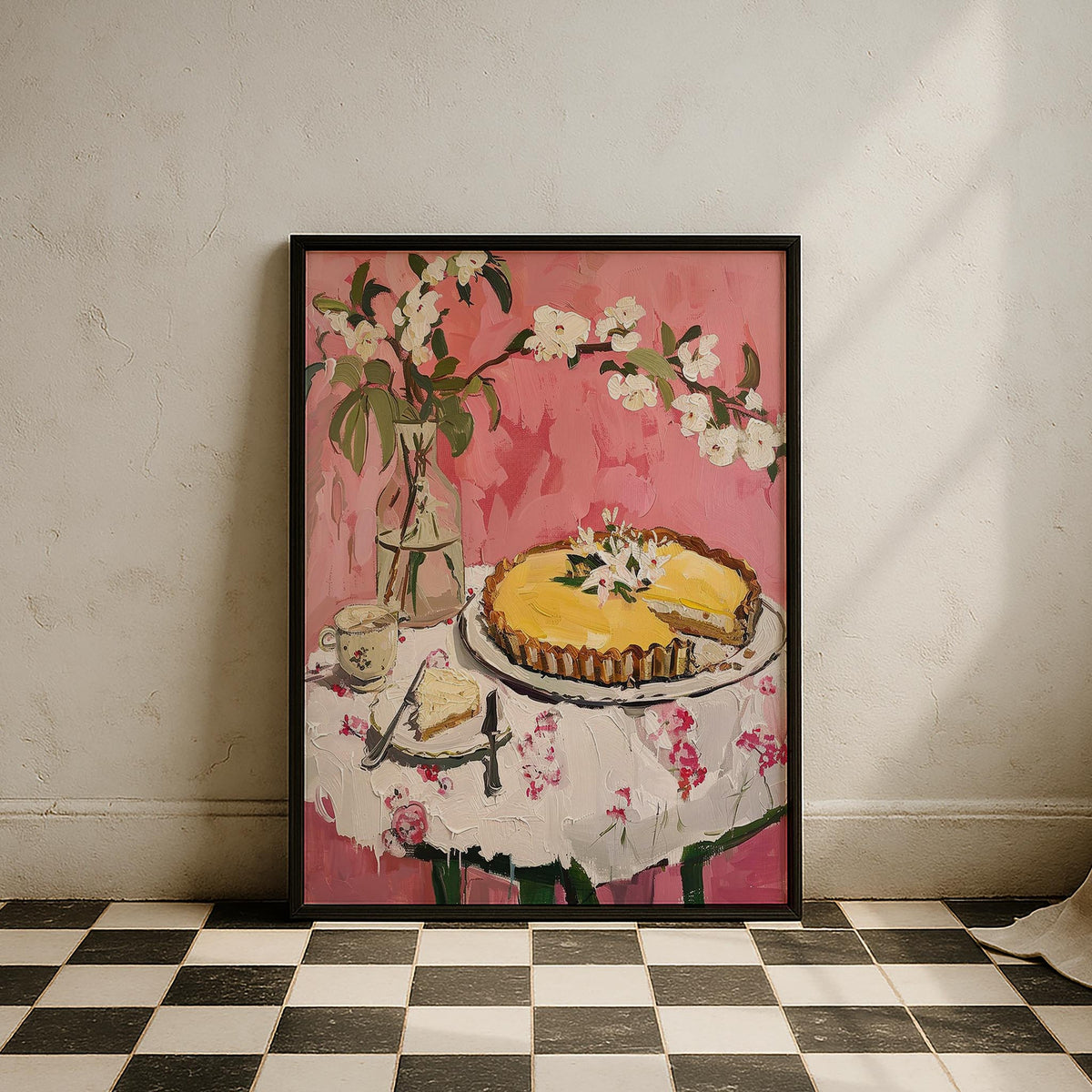 Çiçekler ve Limon Tart Fransız Stil Tatlı Mutfak Duvar Tablosu