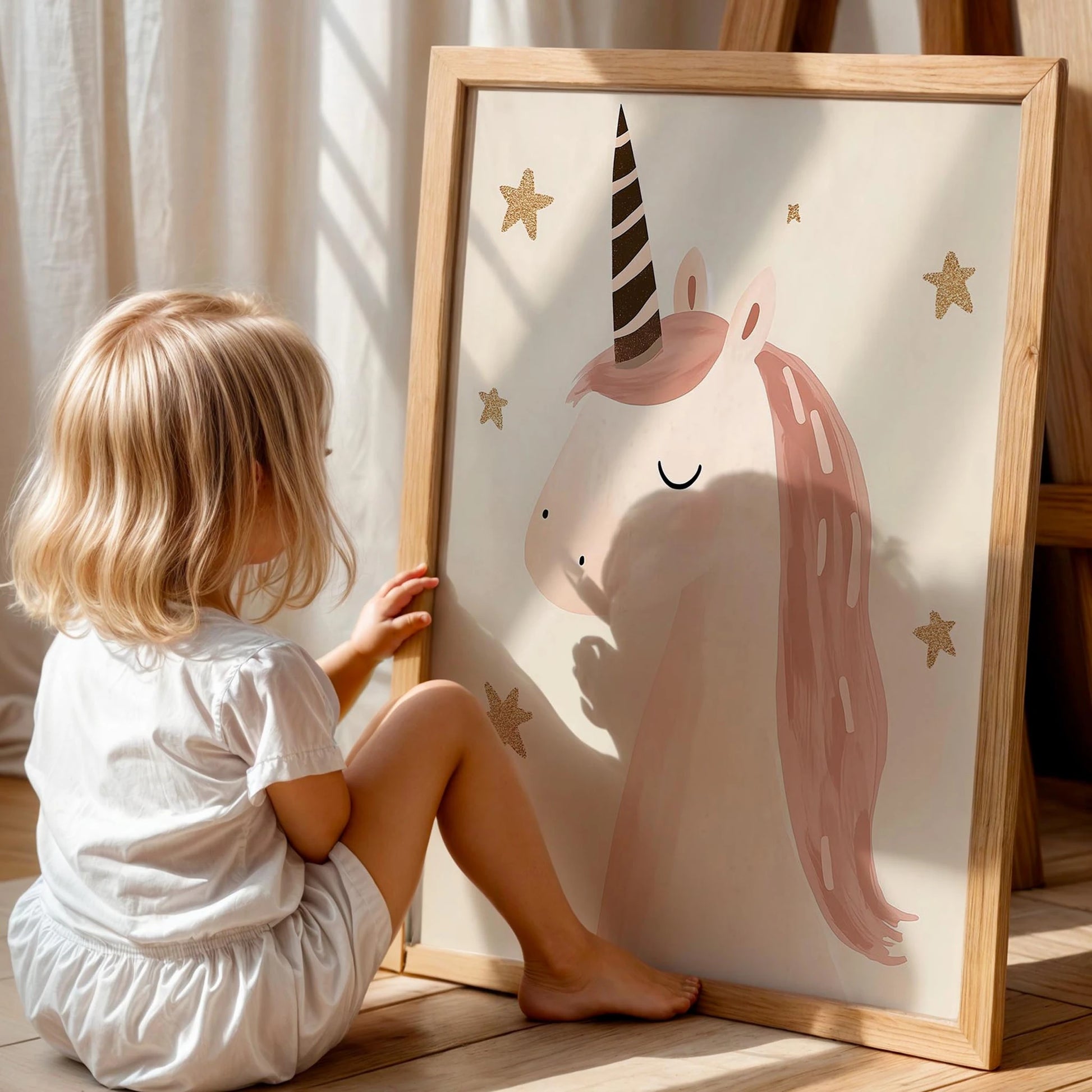 Masalsı Pembe Unicorn Bohem Kız Çocuk Odası Ahşap Tablo