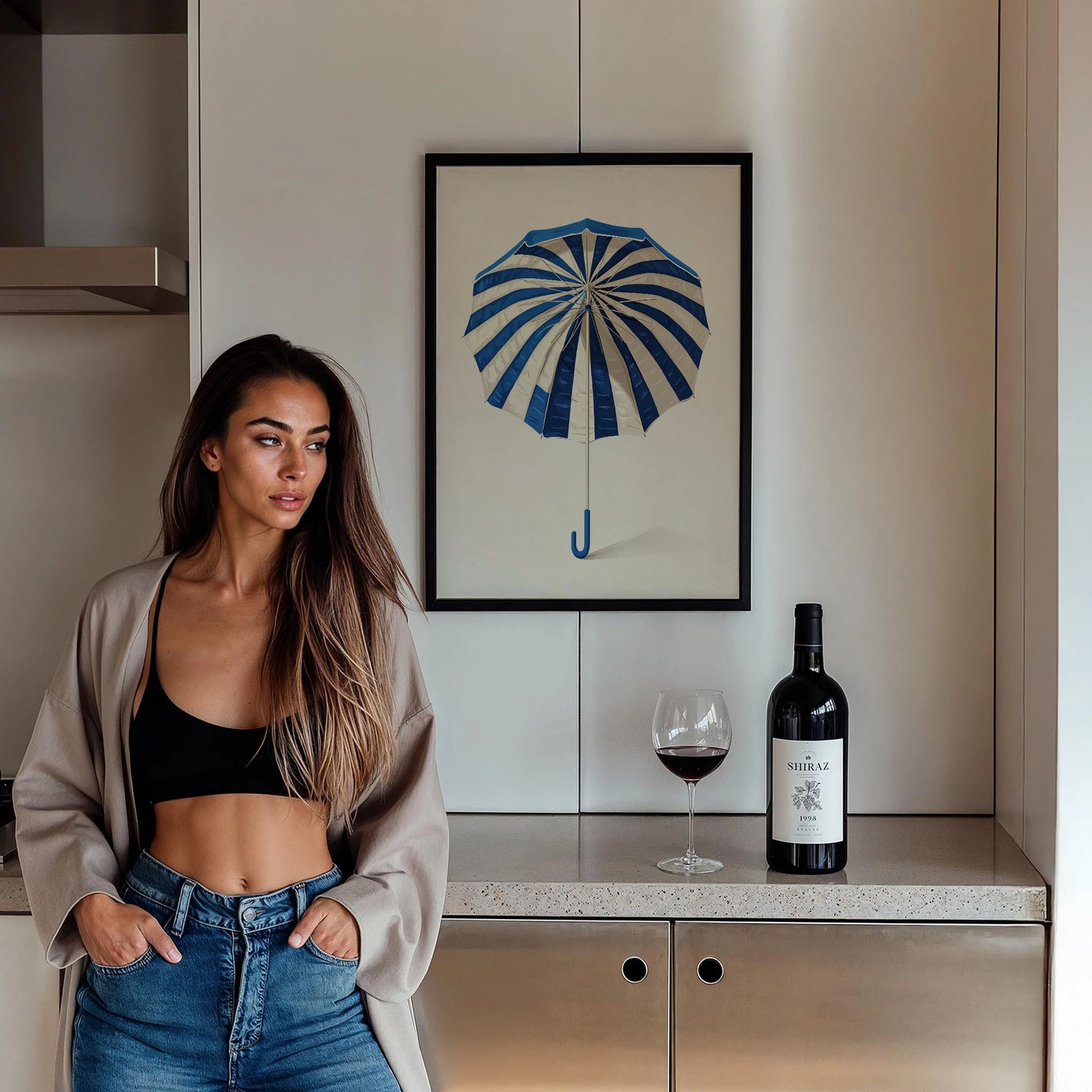 Mavi Çizgili Şemsiye Minimalist Çizim - Duvar Tablosu