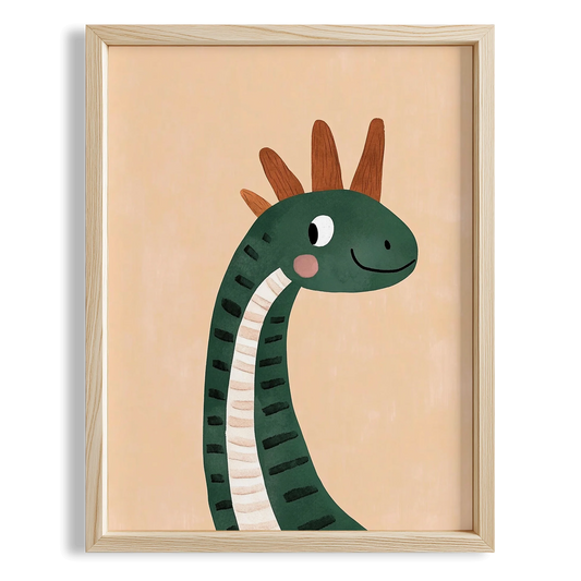 Sevimli Yeşil Dinozor Temalı Bej Fonlu Çocuk Odası Ahşap Tablo